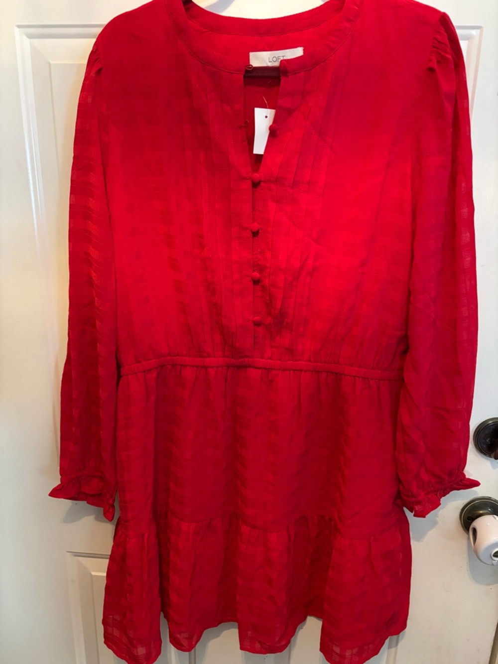 LOFT Red Button-Front Textured Dress